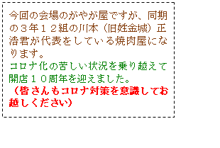 テキスト ボックス: 今回の会場のがやが屋ですが、同期の３年１２組の川本（旧姓金城）正浩君が代表をしている焼肉屋になります。
コロナ化の苦しい状況を乗り越えて開店１０周年を迎えました。
（皆さんもコロナ対策を意識してお越しください）

